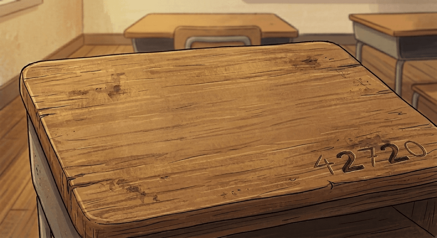 Close-up of a school desk covered in scribbled clues during an investigation